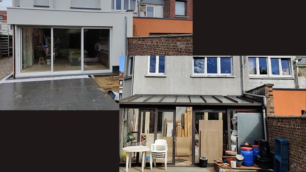Avant et après rénovation d’une façade arrière avec extension et grandes baies vitrées à Bruxelles
