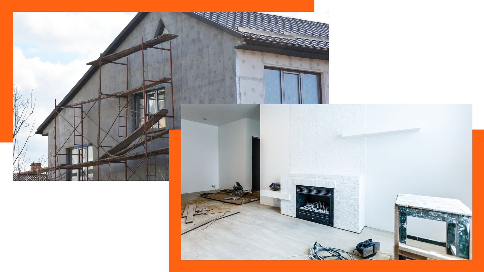 Avant et après travaux de rénovation : façade extérieure en cours de rénovation et intérieur en finition avec cheminée moderne à Bruxelles